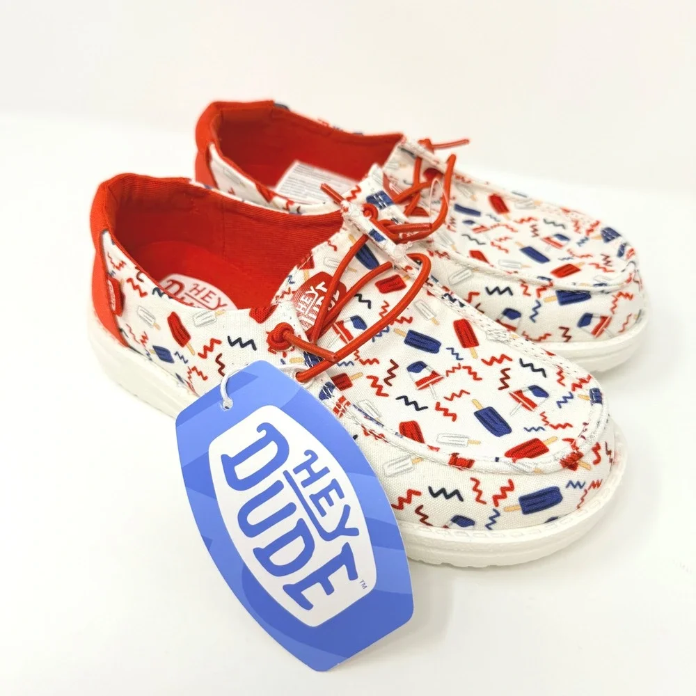 Hey Dude Wendy Youth YT1 Summer Americana Varsity Red Multi Shoes 42165-6WE NEW